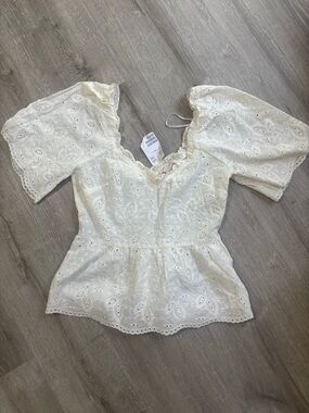H&M White Eyelet Peplum Blouse with Puff Sleeves